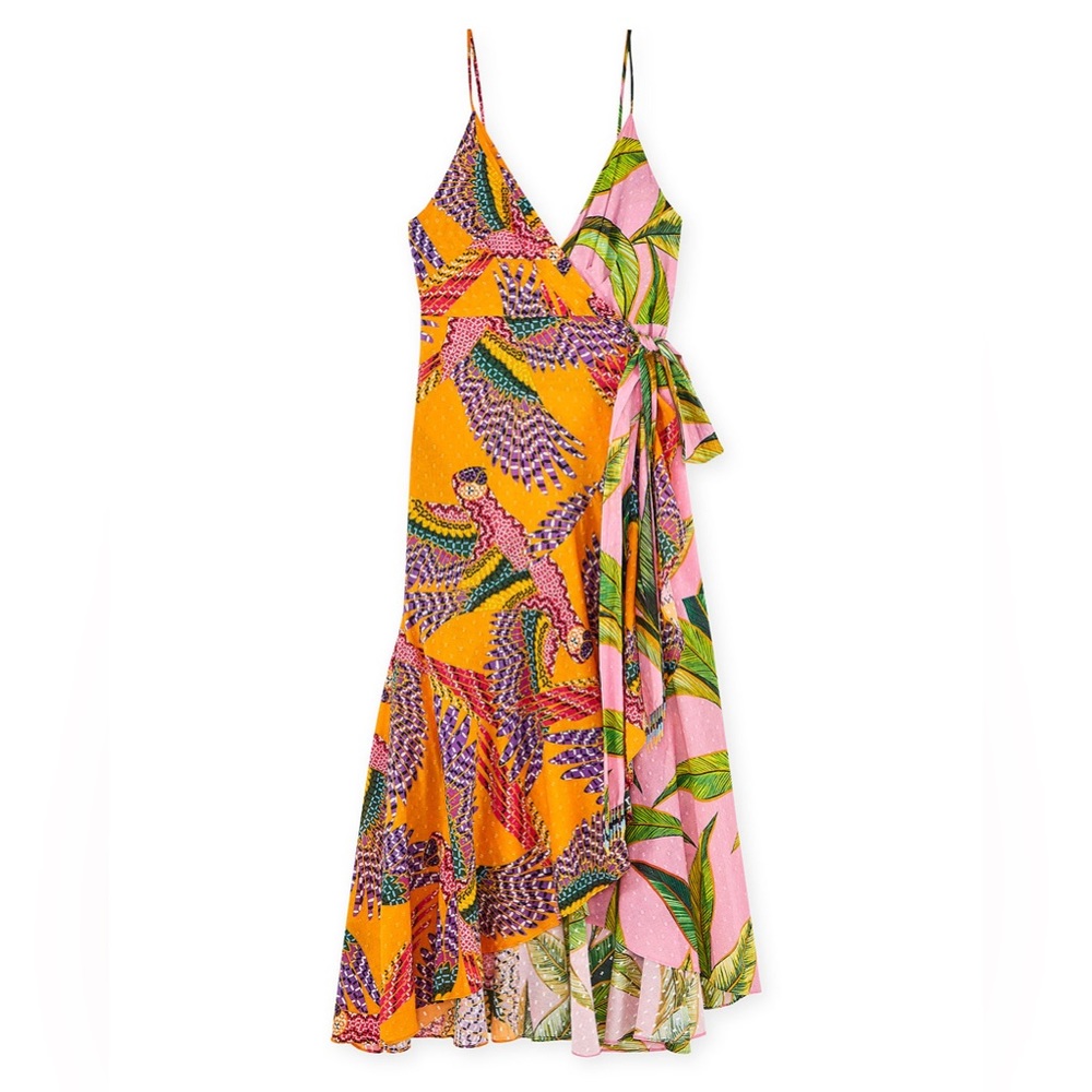 Farm Rio Macaws Wrap Dress with Beaded Tie